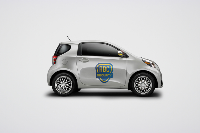Professional vehicle sticker mockup demonstrating custom brand visibility on a compact car. Custom vehicle stickers transform your fleet into mobile advertising while reinforcing brand identity. Create personalized stickers to stand out and increase business recognition on the road.