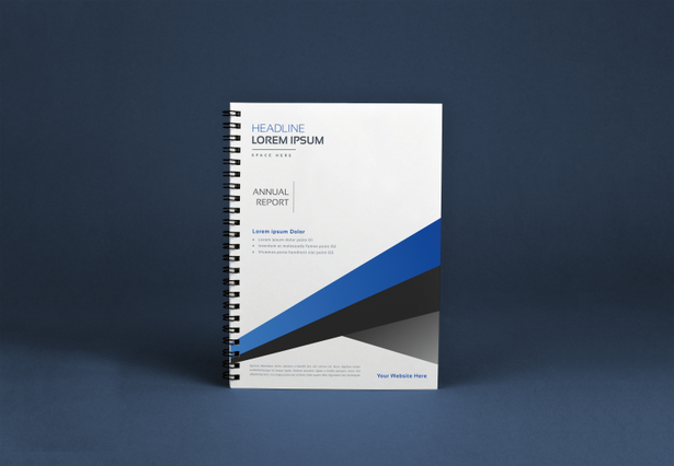 Professional spiral bound notebook featuring a clean white cover with blue and black design elements. Perfect for custom branding and corporate presentations. Ideal for businesses seeking durable, high-quality spiral binding for catalogs, portfolios, and premium branded materials.