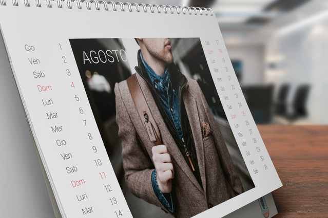 Personalized spiral-bound desk calendar with 7 monthly sheets featuring front and back printing. Professional photography combined with monthly calendar grids makes it both functional and decorative. Ideal as a corporate gift or business reminder for customers.