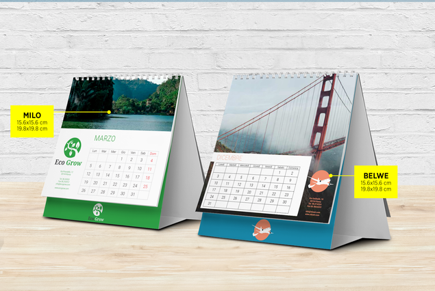 Professional desk calendars featuring prominent photo sections and monthly grid layouts. Spiral-bound 7-sheet format allows customization with your own images, available in multiple color schemes and templates. Perfect for corporate gifting, personal branding, or organizing your year at the desk.