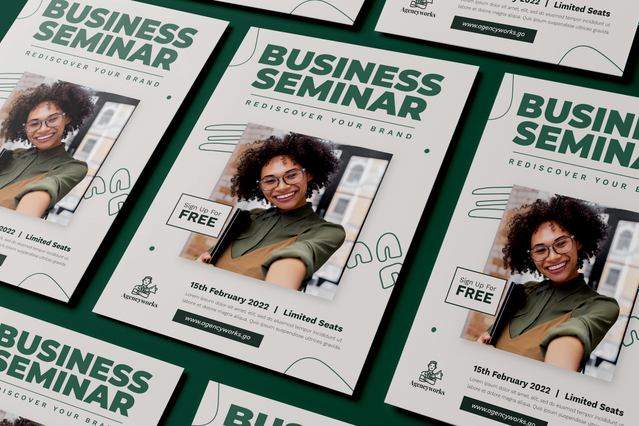 Multiple A5 flyers fanned out on a dark green background, each promoting a Business Seminar event with a woman's portrait and bold typography. The vivid print demonstrates the colour precision and impact of offset-quality A5 flyer printing. Order 10,000 A5 flyers online at an affordable price with Sprint24.