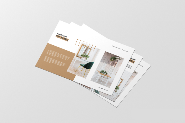 A fanned stack of landscape-format custom flyers with a two-tone gold and beige split layout featuring interior design photography and minimal typography. Custom printed flyers in landscape format are an effective advertising tool for interior design studios, furniture showrooms, real estate agencies and lifestyle brands looking to promote their services and events.