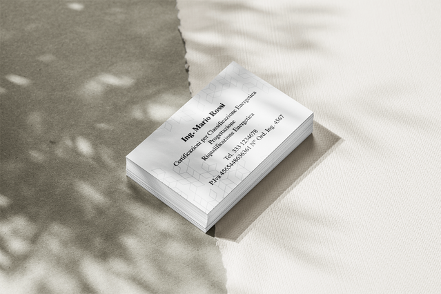 A stack of plain white minimal business cards for 'Ing. Mario Rossi, Consulente Professionale' photographed with an elegant leaf shadow on a neutral background. Minimalist white business cards for engineers and professional consultants convey authority and attention to detail — ideal for networking at client meetings, site visits and professional engineering events.