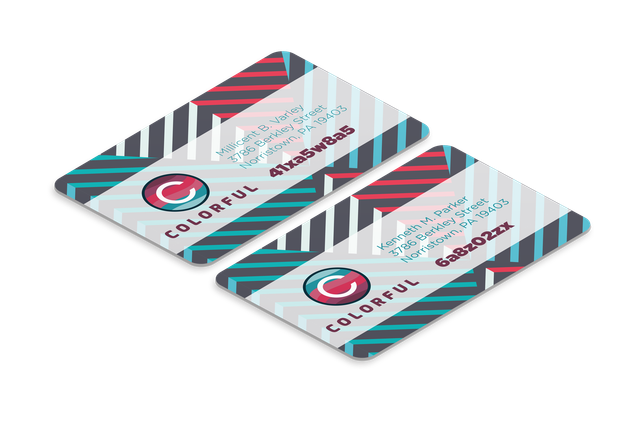 Premium PVC cards featuring striking geometric stripe patterns with variable alphanumeric printing. Ideal for loyalty programs, membership cards, and personalized identification. Each card showcases professional-quality customization with vibrant colors and durable finishes.