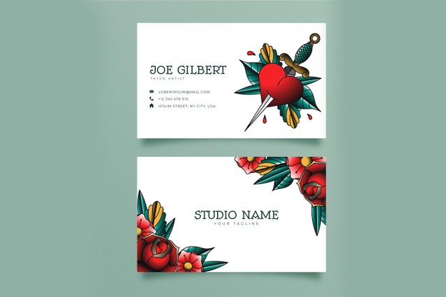 Professional tattoo business cards featuring traditional rose and dagger designs with vibrant colors and classic American tattoo artwork. Perfect for tattoo studios and artists to customize with their branding and create memorable first impressions. High-quality printing captures every detail of the intricate designs, from bold red roses to decorative floral elements.