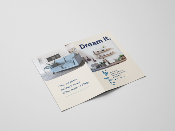 Tri-fold brochure combining interior design photography with customisable text panels. Sprint24.