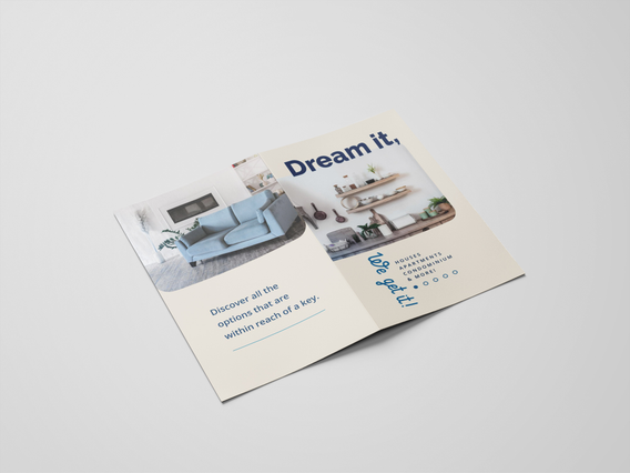 Tri-fold brochure promoting interior design services and furniture with custom imagery. Sprint24.