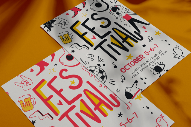 Two A3 festival event flyers with vibrant hand-drawn music icons — microphone, headphones, eyes, stars, guitar — and bold 'Festival' typography for an October event on a golden background. Custom A3 flyers are the ideal large-format promotional tool for concerts, music festivals, cultural events and street fairs where maximum visual impact at a distance is essential.