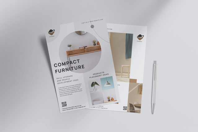 Two A4 flyers for 'Compact Furniture — Skill Upgrade and People Development' featuring circular interior design photography, product placement sections and clean minimal typography. Custom A4 flyers are ideal for furniture retailers, interior designers and home lifestyle brands to promote showroom events, new collections and product launches at low printing cost.