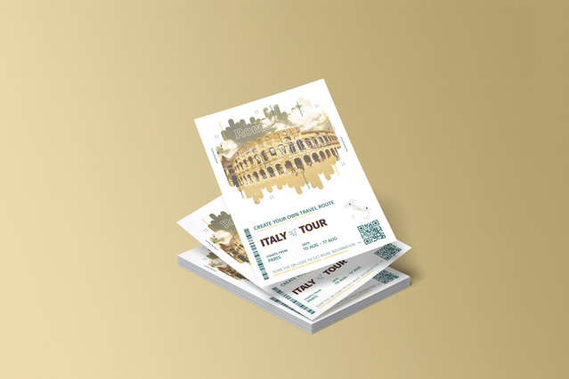 Two A5 flyers floating on a golden background, featuring a watercolour-style illustration of the Colosseum and Italy tour event details. The format shows double-sided printing potential with a rich, illustrated graphic style. Print 10,000 A5 flyers online with Sprint24 for events, tours, and promotions.
