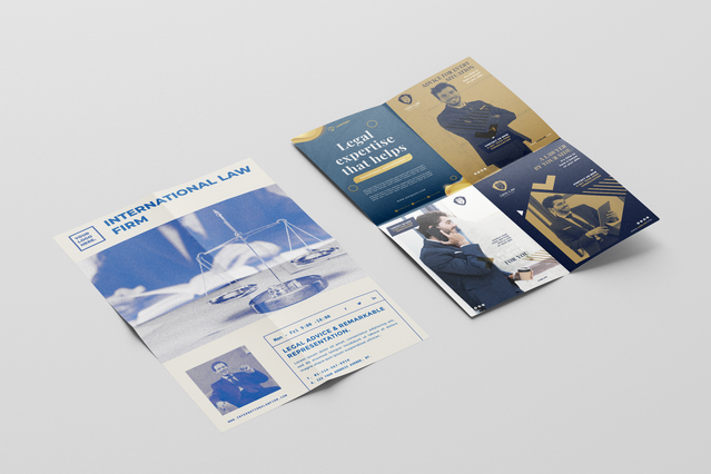 Two custom cross-fold brochures for an 'International Law Firm' — a white version with blue typography and a lawyer portrait, and a navy/gold version with a professional headshot. Custom-printed cross fold brochures are versatile marketing tools for law firms, consultancies and professional services — ideal for conveying expertise at client meetings, conferences and trade events.