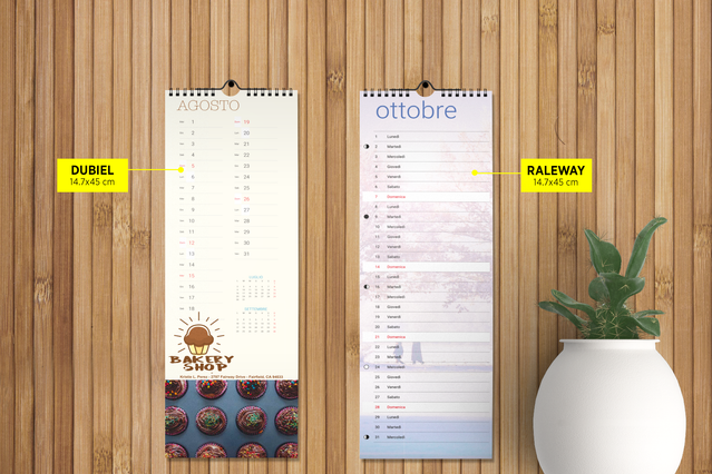Two 13-sheet wall calendar templates displayed on wooden wall showing monthly layouts and photographic design options. Demonstrates customizable calendar designs for home and office use, available in multiple templates for annual planning and corporate gifting.