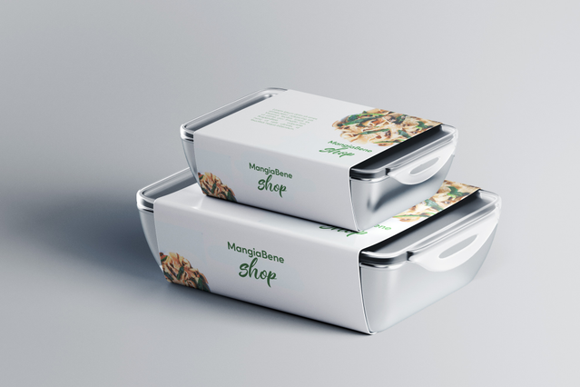 Two stacked food delivery boxes wrapped with custom-printed external bands for 'Mango Brow Shop' featuring a food photography image and brand name on a clean white background. These personalised box bands (printed on premium Fedrigoni paper, customisable dimensions) are ideal for food businesses, bakeries and e-commerce brands seeking luxury branded packaging bands that elevate plain boxes into p…