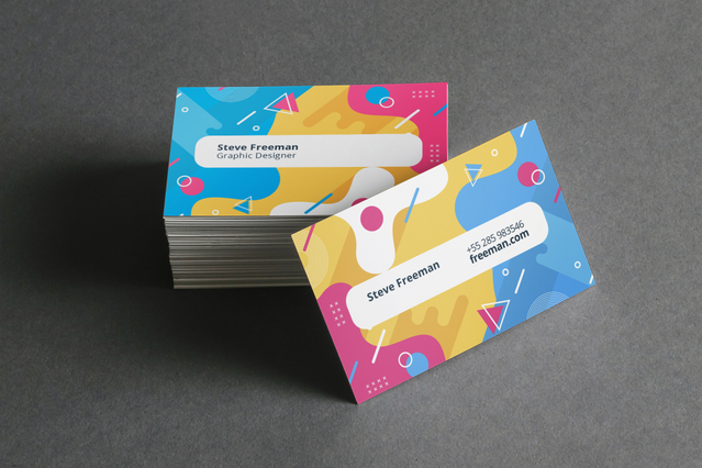 Double-sided business cards with vibrant geometric designs for modern professional brands. Sprint24.