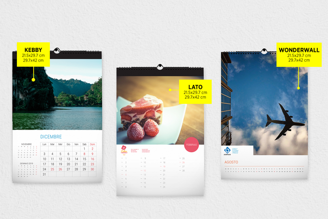 Three wall calendar template examples featuring personalized photo sections and monthly date grids. Each template displays custom photo placements, decorative design labels, and printed calendar layouts for organizing dates and schedules. Ideal for offices, homes, and corporate gifts with full customization options.