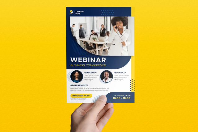 Professional webinar flyer example printed in high quality, showcasing how Sprint24's flyer format service brings event marketing materials to life. Perfect for promoting webinars, conferences, and business seminars with custom layouts and professional design. This ready-to-use flyer template demonstrates the quality and customization options available when printing your promotional materials onl…