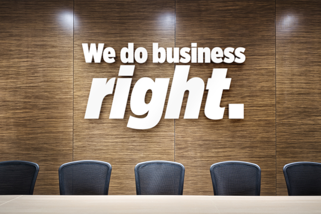 White 3D plexiglass lettering displayed on a brick wall in a professional office setting. These durable, dimensional letters create striking visual depth and are ideal for corporate signage, retail spaces, and premium business environments.