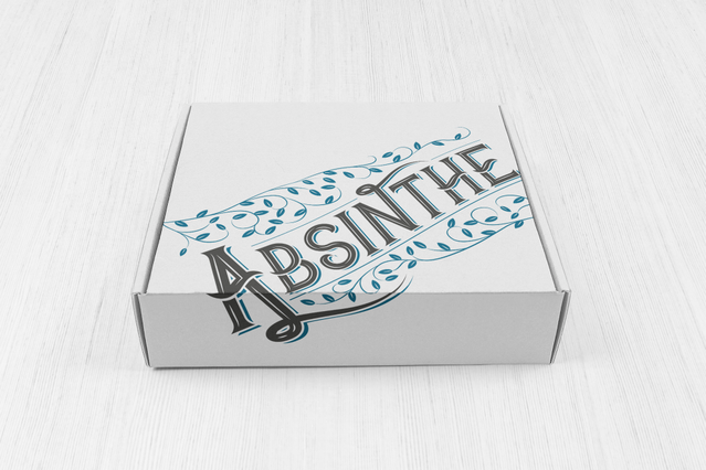 A closed white self-assembling box with a vintage-style 'Absinthe' lettering and delicate blue floral vine illustration printed on the lid, displayed on a light wooden surface. These custom-printed self-assembling boxes are ideal for artisan spirits, boutique retailers and gift businesses seeking personalised packaging that arrives flat, assembles instantly and communicates premium brand quality …