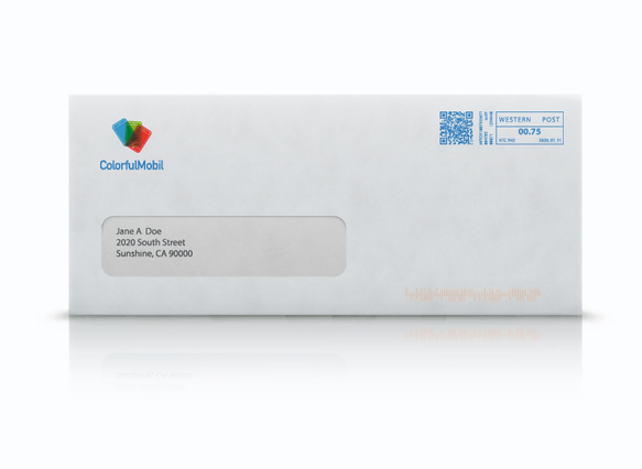A custom-printed envelope for automatic enveloping with a transparent window showing the recipient address 'Jane A. Doe', a 'ColorfulMobil' logo and a postage stamp area with QR code. Sprint24 prints window envelopes for automatic enveloping in 80 gr paper — ideal for utility bills, statements, transactional mail and high-volume corporate dispatches.