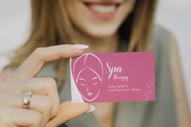 Professional esthetician business cards in elegant pink spa therapy design. These custom business cards help beauty professionals showcase their services and create lasting client impressions. Perfect for salons and esthetic practices seeking high-quality, personalized printing solutions.